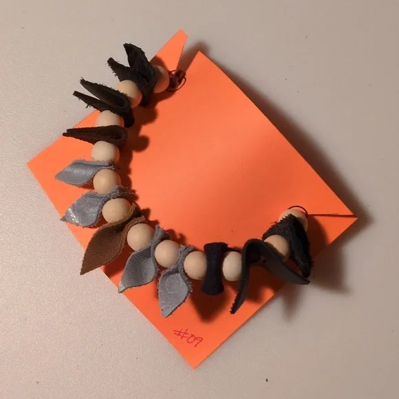 Handmade Genuine Leather Natural Wood Necklace Choker Bracelet Black #09 - Picture 2 of 11